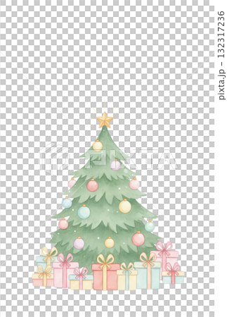[聖誕卡，垂直]可愛的水彩粉彩聖誕樹和禮物插圖模板 132317236