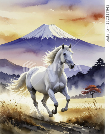 白馬と富士山の幻想的な朝焼け|午年の和風年賀イラスト 白馬と富士山の幻想的な朝焼け|午年の和風年賀イラスト 132317945
