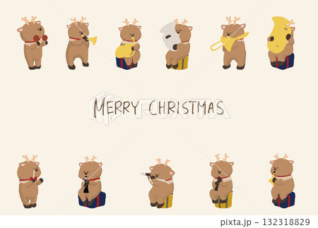 「Merry Christmas」の文字入り 楽器を吹くトナカイたちのかわいいクリスマスカード 「Merry Christmas」の文字入り 楽器を吹くトナカイたちのかわいいクリスマスカード 132318829