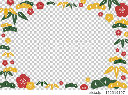 帶有鬆樹、竹子和梅花圖案(朱紅色、綠色和金色)的日式框架背景 帶有鬆樹、竹子和梅花圖案(朱紅色、綠色和金色)的日式框架背景 132319197