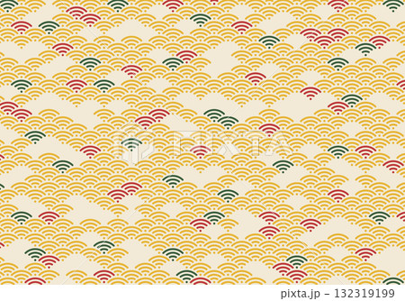 ポップな青海波パターン背景(朱・緑・金色) 132319199