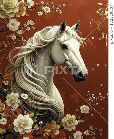 馬と紅梅の華やかな年賀イラスト｜午年の和風デザイン 132319607