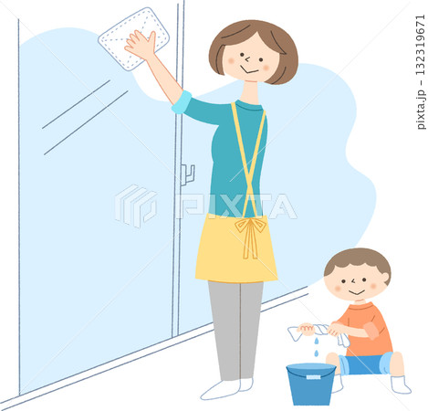 窓拭きをする親子 132319671