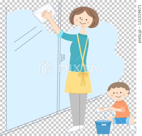 窓拭きをする親子 132319671