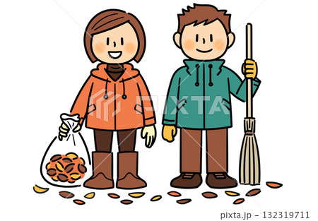 落ち葉掃除を終えて並ぶ中学生の男女 落ち葉掃除を終えて並ぶ中学生の男女 132319711