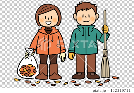 落ち葉掃除を終えて並ぶ中学生の男女 落ち葉掃除を終えて並ぶ中学生の男女 132319711