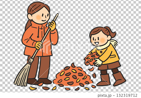 落ち葉を掃く母と娘 落ち葉を掃く母と娘 132319712