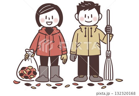 落ち葉掃除を終えて並ぶ中学生の男女（3色） 132320168