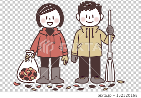 落ち葉掃除を終えて並ぶ中学生の男女（3色） 132320168