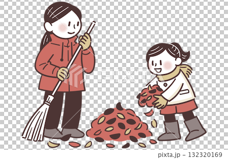 落ち葉を掃く母と娘（3色） 132320169