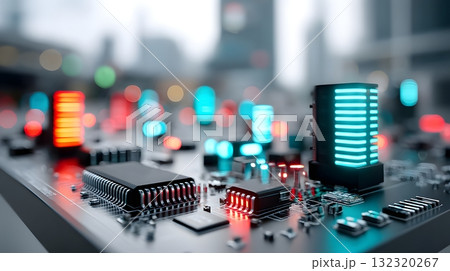 Colorful circuit board with illuminated components. 132320267