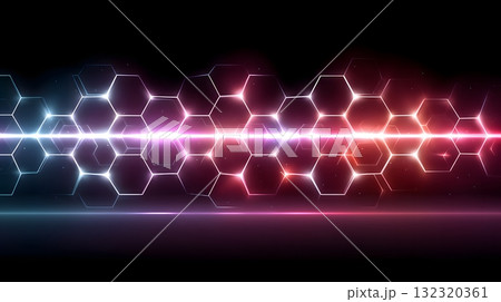 A vibrant abstract background featuring hexagonal shapes illuminated by a spectrum of colors. Perfect for tech-related designs, presentations, and modern digital projects. 132320361
