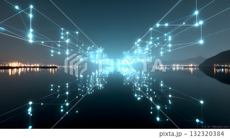 An abstract digital landscape featuring interconnected networks of glowing points and lines, reflecting on calm water, symbolizing innovation and high-tech advancements. 132320384