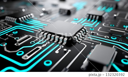 Close-up view of a modern circuit board with intricate patterns and glowing blue lines, illustrating the technological advancements in electronics and hardware design. 132320392