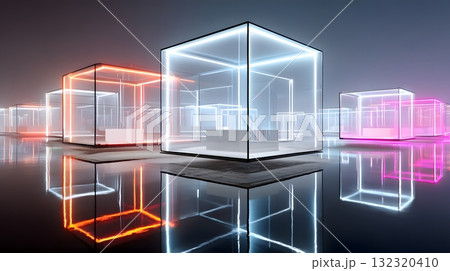 Futuristic glass cubes emit vibrant colors in a surreal environment, reflecting their surroundings. An artistic exploration of shapes and light creating a mesmerizing ambiance. 132320410