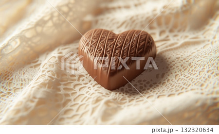 Love shaped chocolate snack with lace background fabric decoration 132320634