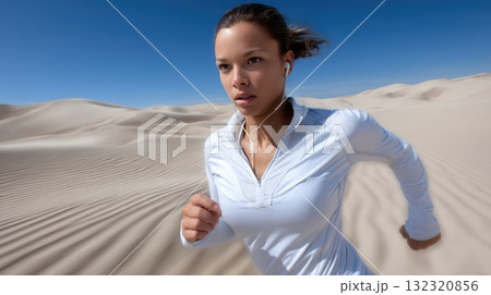 A dedicated runner navigates the sandy landscape with determination. The bright, cloudless sky enhances the motivation of the outdoor workout. 132320856