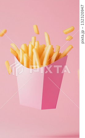 Crunchy potato stick salty snack on pink paper packaging Crunchy potato stick salty snack on pink paper packaging 132320947