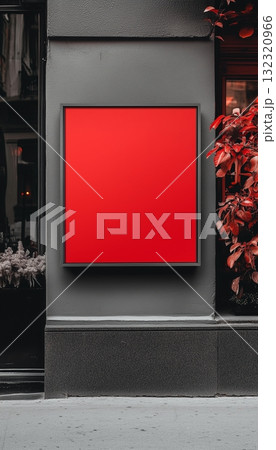 Square blank red signage sign mockup frame for board information 132320966