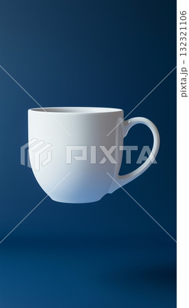 Blank empty white mug drink mockup with blue solid vertical background 132321106