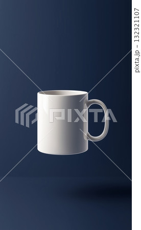 Blank empty white mug drink mockup with blue solid vertical background 132321107