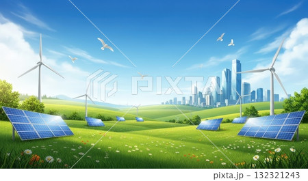 晴天の未来都市とサステナブルなエネルギー、ソーラーパネルと風力発電 132321243
