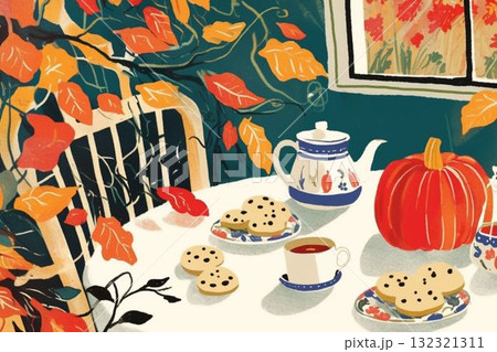 秋の窓辺で過ごすやさしいティータイム 132321311
