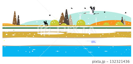 冬の草原と川や森の風景にエコな持続可能な風景イラスト 冬の草原と川や森の風景にエコな持続可能な風景イラスト 132321436