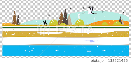冬の草原と川や森の風景にエコな持続可能な風景イラスト 冬の草原と川や森の風景にエコな持続可能な風景イラスト 132321436