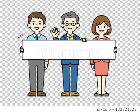 Full-body vector illustration set of office workers of various ages holding a horizontal sign and guiding people_color Full-body vector illustration set of office workers of various ages holding a horizontal sign and guiding people_color 132321525