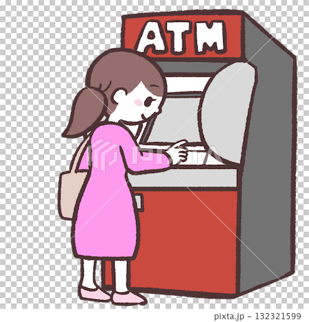 一位女士操作 ATM 機的插圖 132321599