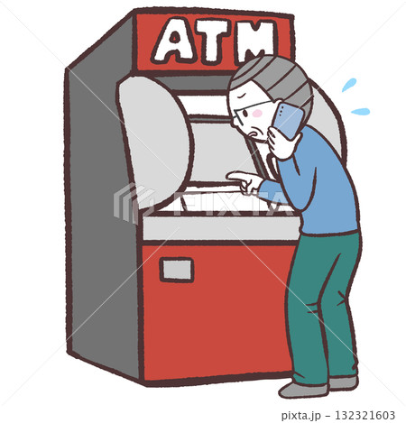 電話しながらATM操作するシニア男性のイラスト 132321603