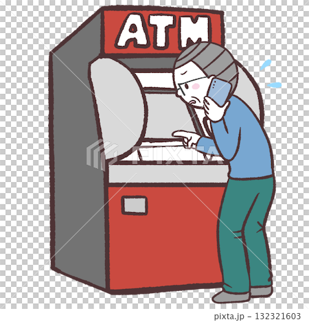 電話しながらATM操作するシニア男性のイラスト 132321603