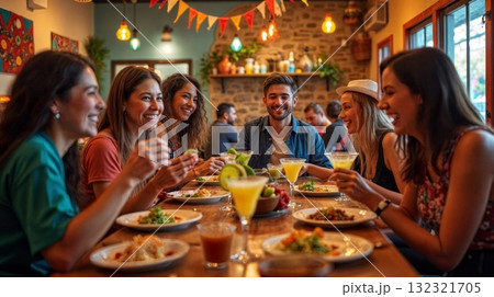 Friends enjoying mexican food and margaritas at restaurant 132321705