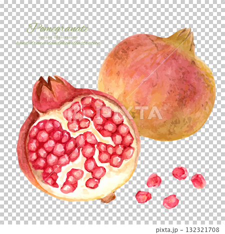 水彩で描いた半分に割れたザクロの果実のイラスト 132321708