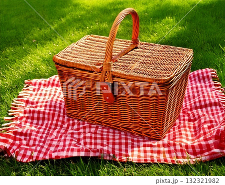 レジャーシートに乗ったバスケット 132321982