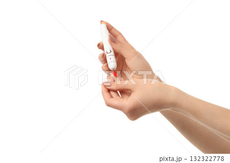 Person uses health measurement device, isolated on white, PNG Person uses health measurement device, isolated on white, PNG 132322778