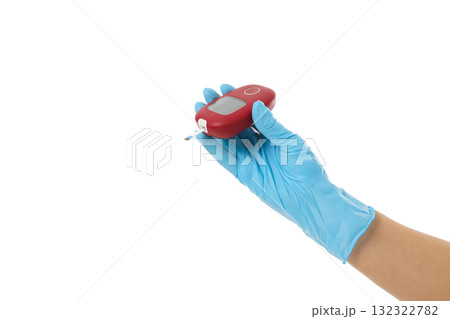 Blue-gloved person measures blood glucose, isolated on white, PNG Blue-gloved person measures blood glucose, isolated on white, PNG 132322782