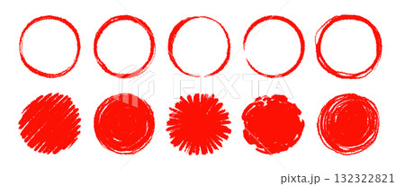 Brush red Japanese sun circle frame set. Hand drawn rough scribble grunge texture effect red circle. Grunge crayon japan flag round stamp. Pencil, marker stroke paint border. Vector Brush red Japanese sun circle frame set. Hand drawn rough scribble grunge texture effect red circle. Grunge crayon japan flag round stamp. Pencil, marker stroke paint border. Vector 132322821