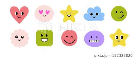 Face smile emoji doodle icon sticker set. Cute kid doodle hand drawn style funny face emoji smile, happy, sad sticker. Funny cartoon emoticon heart, star, flower shape. Vector Face smile emoji doodle icon sticker set. Cute kid doodle hand drawn style funny face emoji smile, happy, sad sticker. Funny cartoon emoticon heart, star, flower shape. Vector 132322826