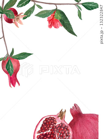 Pomegranate frame with ripe fruits, green leaves and soft brick wall background. Hand-painted watercolor illustration in natural tones, perfect for kitchen decor, cards, Mediterranean design projects. 132322847