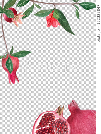 Pomegranate frame with ripe fruits, green leaves and soft brick wall background. Hand-painted watercolor illustration in natural tones, perfect for kitchen decor, cards, Mediterranean design projects. 132322847