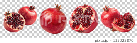 Set isolated fresh fruit, pomegranate in various style, on transparent background. Set isolated fresh fruit, pomegranate in various style, on transparent background. 132322870