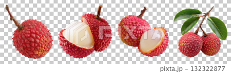 Set isolated fresh fruit, lychee in various style, on transparent background. 132322877