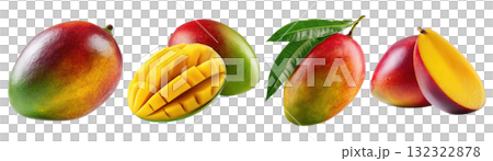Set isolated fresh fruit, mango in various style, on transparent background. 132322878