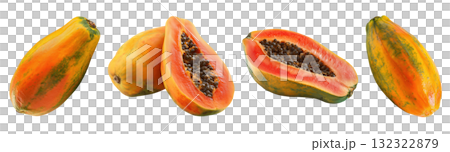 Set isolated fresh fruit, papaya in various style, on transparent background. Set isolated fresh fruit, papaya in various style, on transparent background. 132322879