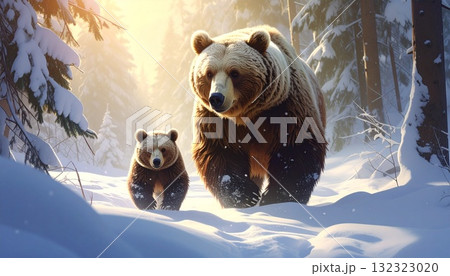親子熊が山の中を歩いている様子　冬の森の背景　AI生成素材 132323020