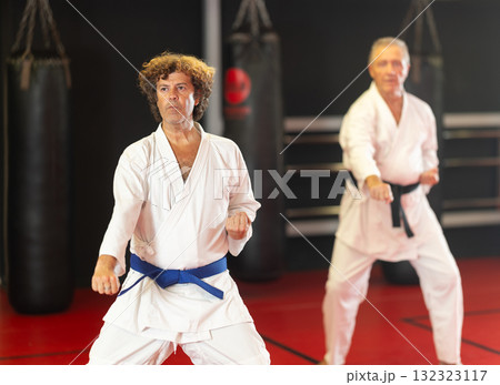 Middle‑aged karateka practicing punches in dojo 132323117