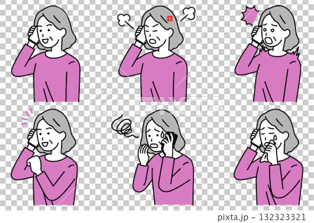 スマートフォンで通話する年配の女性 セット スマートフォンで通話する年配の女性 セット 132323321