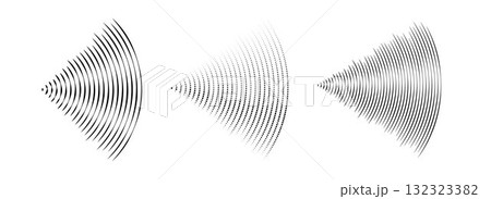 Dotted and line sound wave signal set. Radial radio and music audio icon collection. Rippled radar vibration element sign bundle. Black curved impulse lines pack. Echo soundwave symbols. Vector 132323382